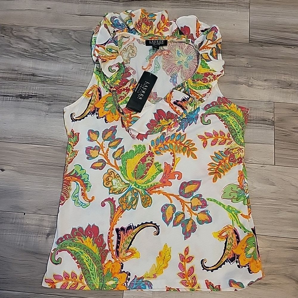 Lauren Ralp Lauren Blouse Womens MP Floral Ruffle Neck Sleeveless Top NWT
